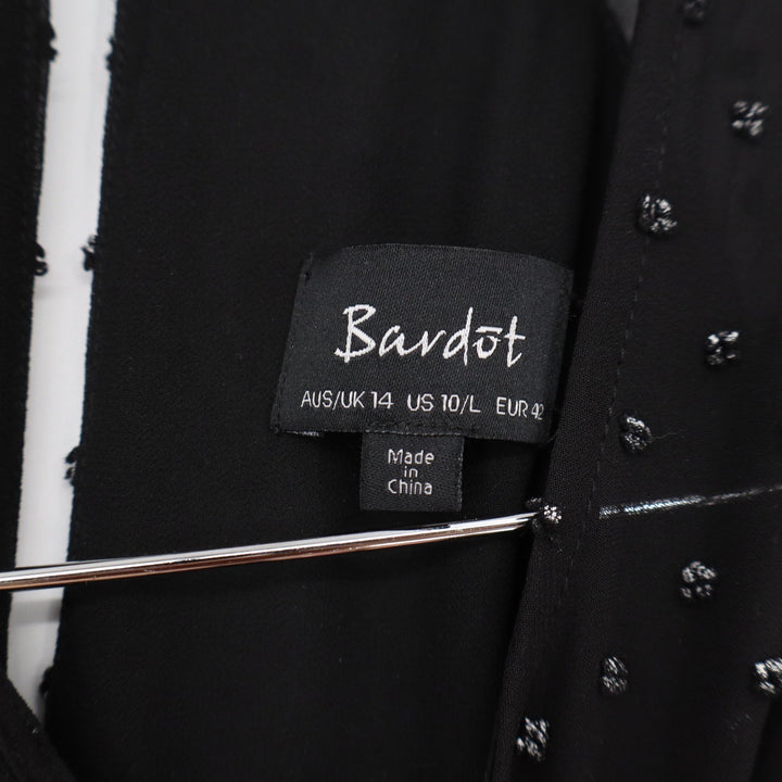 Bardot Top Womens 10 Black Silver Metallic Swiss Dot Cold Shoulder Exc
