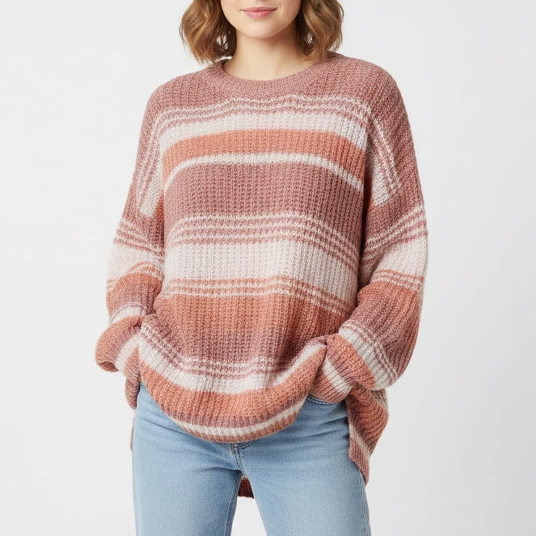 Pink Lily Raelyn Sweater Womens M Multi Striped Open Knit Boat Neck Long Sleeves