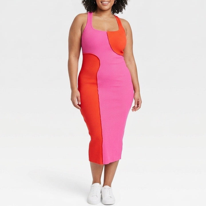 Naked Wardrobe Pink Red Colorblock Ribbed Midi Bodycon Dress Large