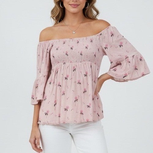 Free People Pink Floral Smocked Square Neck Bell Sleeve Blouse Top M