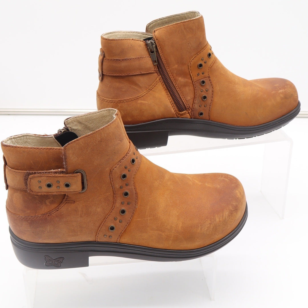 Alegria Zoe-739 Tan Leather Ankle Boots Perforated Buckle Zip Booties Womens 38