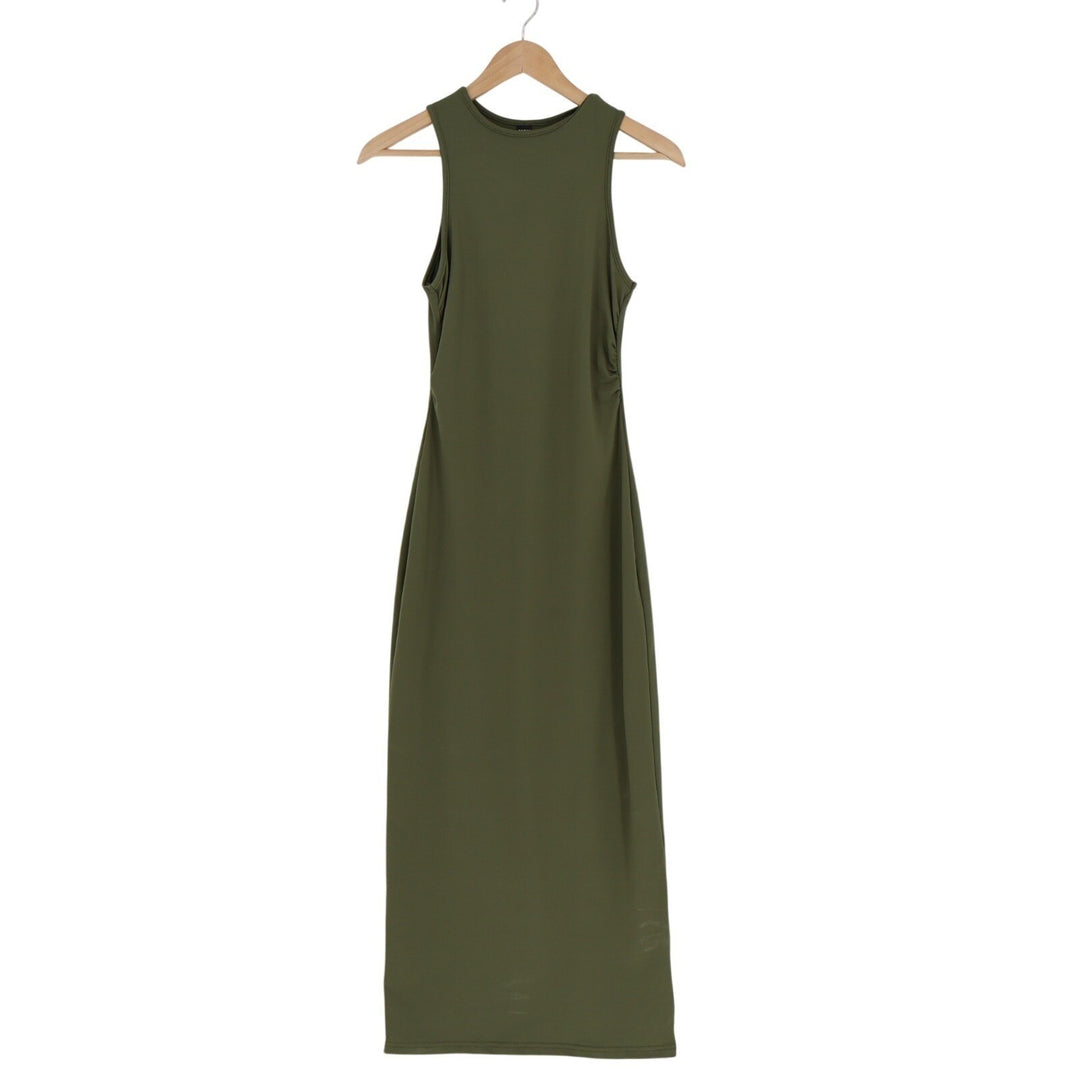 Shein Bodycon Midi Dress Womens XS Olive Green Pleated Round Neck Wide Strap