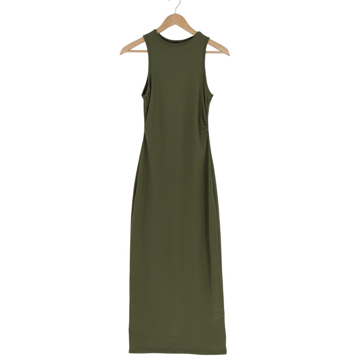 Shein Bodycon Midi Dress Womens XS Olive Green Pleated Round Neck Wide Strap