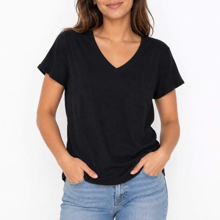 Universal Thread Monterey V-Neck Pocket Tee Black Cotton Short Sleeve Shirt L