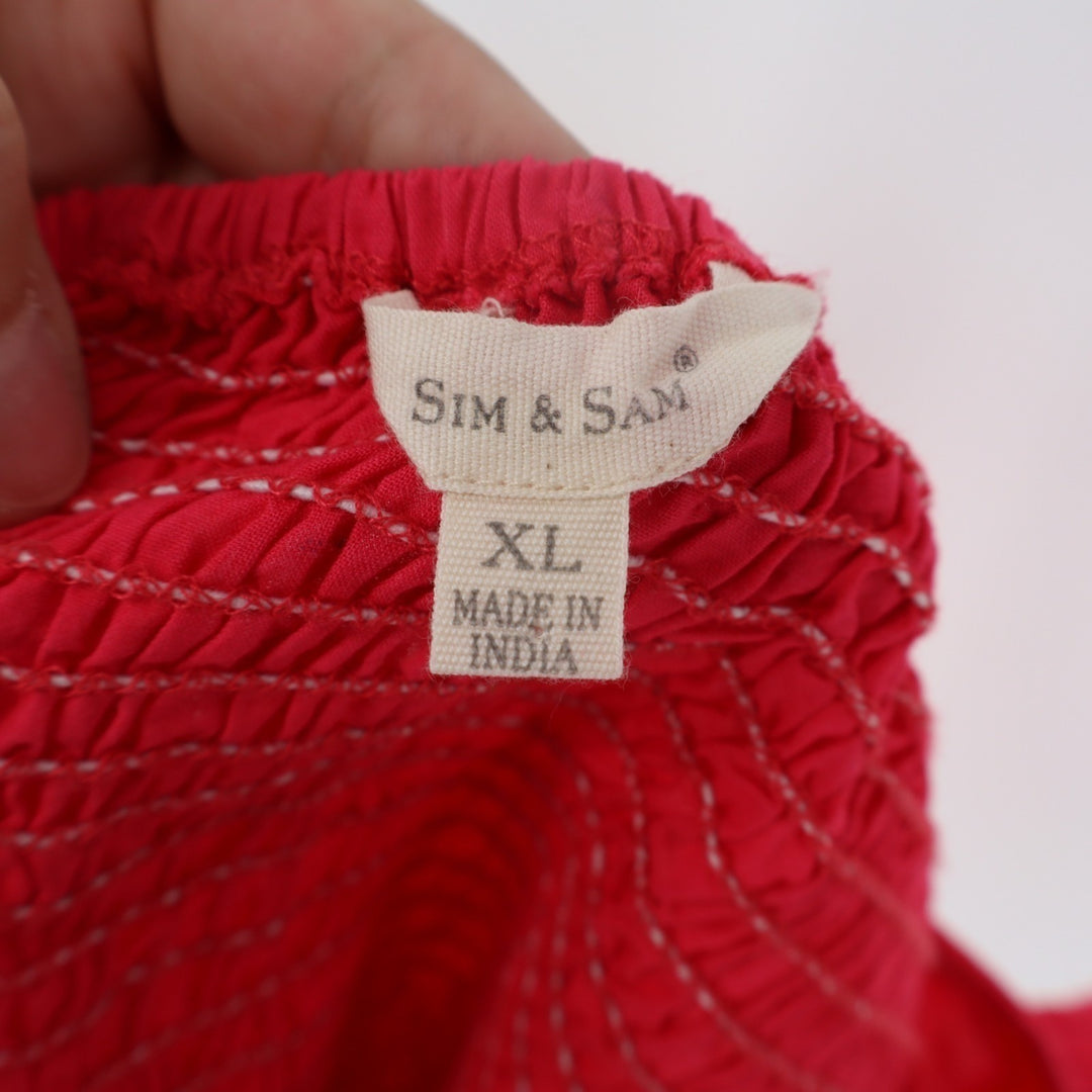 Sim & Sam Crop Top Womens XL Red Cotton Square Neck Smocked Back Balloon Sleeve