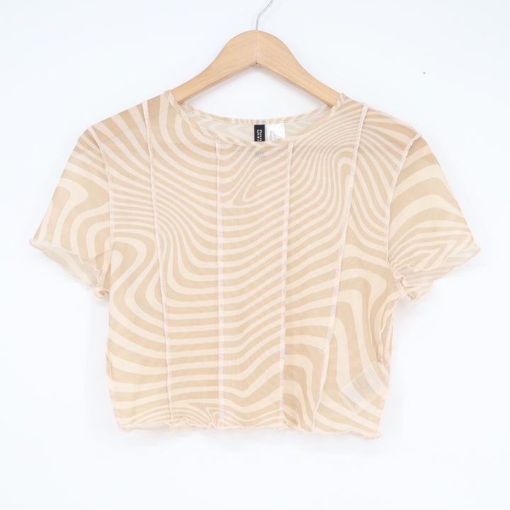 H&M Divided Womens Beige Swirl Mesh Crop Top Short Sleeve Psychedelic Large