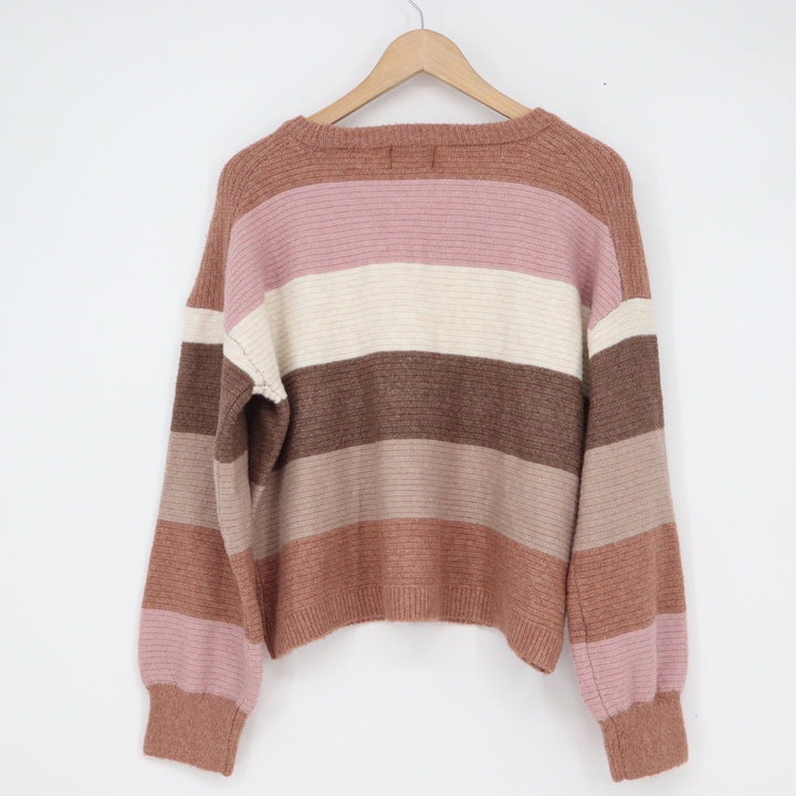 Pink Rose Womens Striped Crewneck Sweater Pink Brown Large