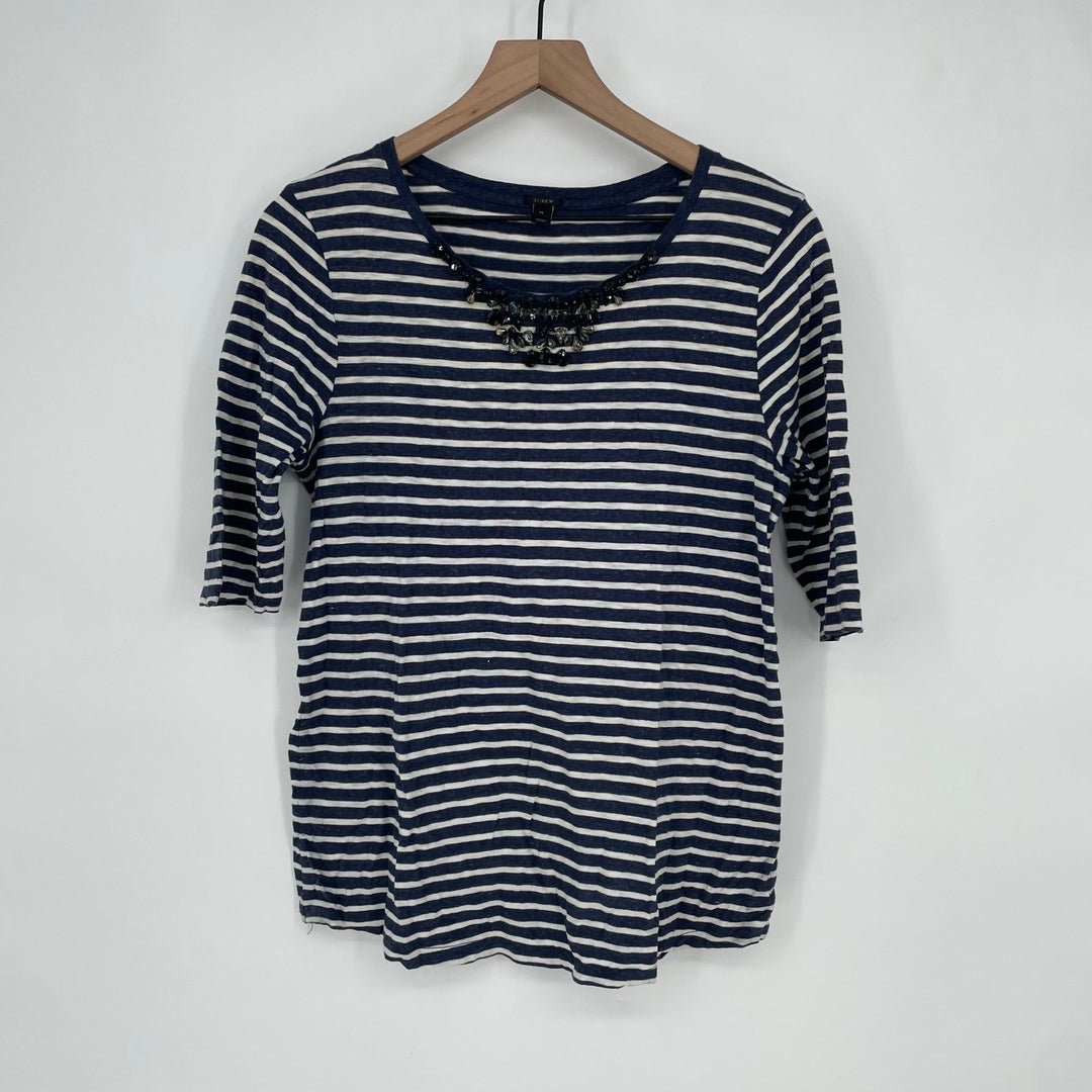 J Crew Striped 3/4 Sleeve Top Embellished Neck Navy White Size Medium