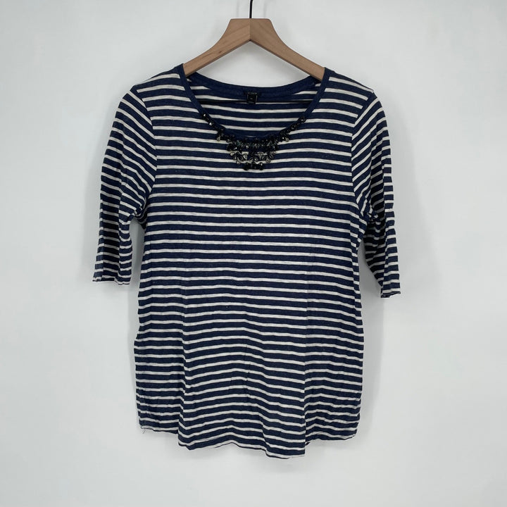 J Crew Striped 3/4 Sleeve Top Embellished Neck Navy White Size Medium