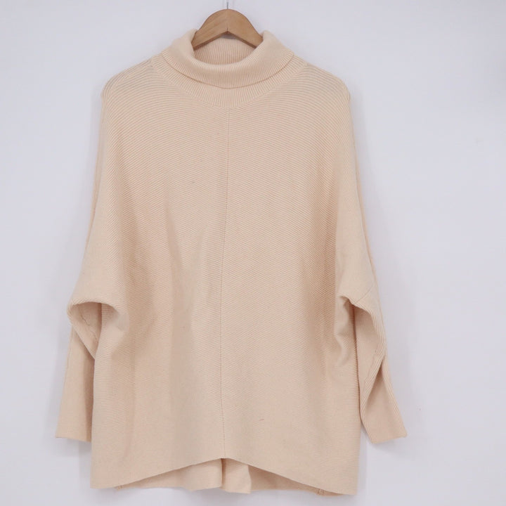 Oversized Cream Beige Ribbed Turtleneck Batwing Sleeve Knit Sweater Medium