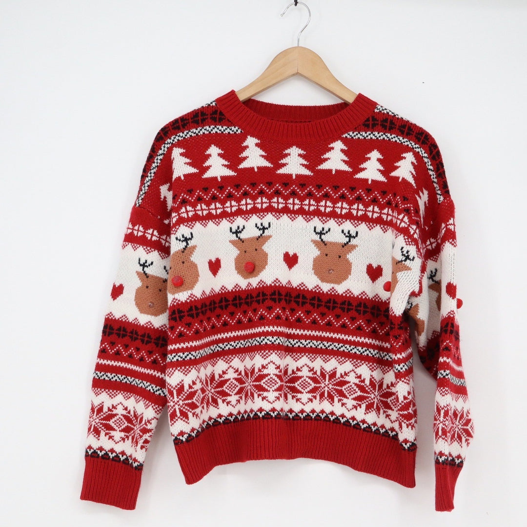 Red Fair Isle Reindeer Christmas Sweater Womens Size S Pom Pom Holiday Knit