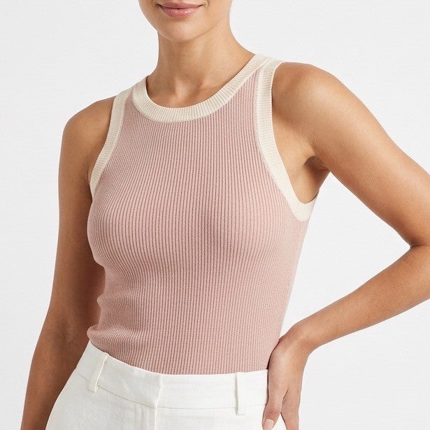 Zesica Knit Tank Top Women Large Pink Cream Contrast Trim Ottoman Ribbed Viscose