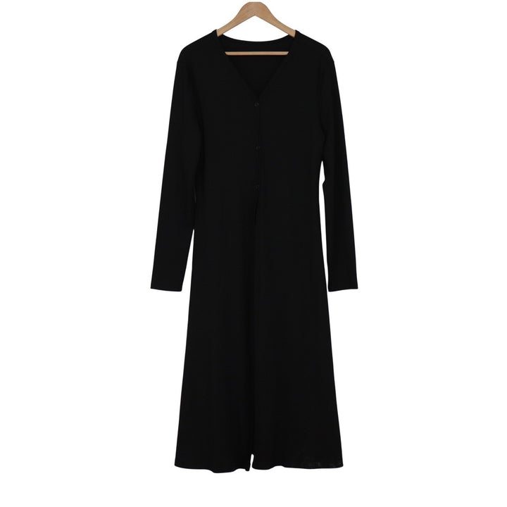 Black Ribbed Knit Button Front V-Neck Midi Dress Long Sleeve XL