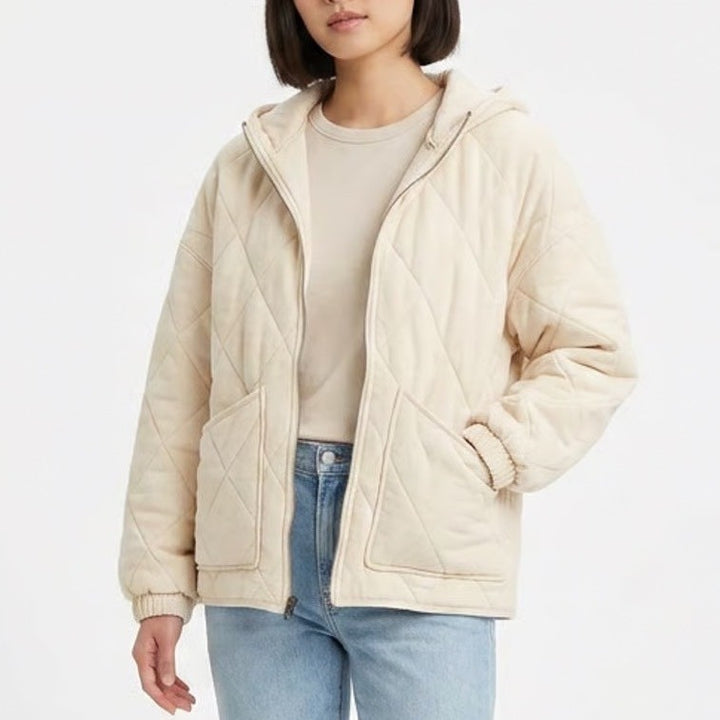 Wild Fable Quilted Jacket Womens Small Cream Full Zip Cotton Hooded Long Sleeve