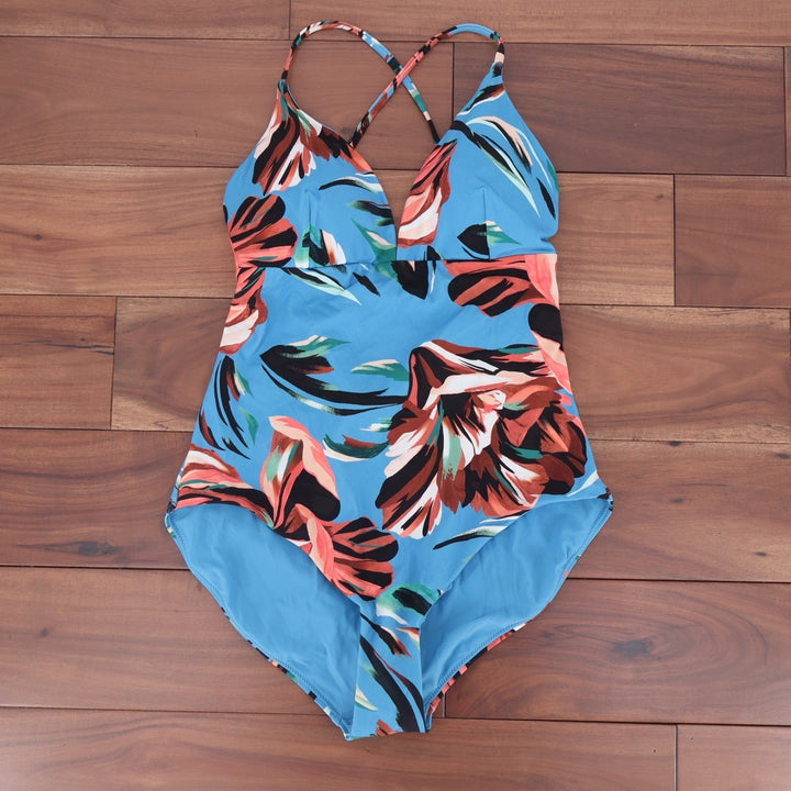 Calia Womens 12 Tranquil Blue Floral Triangle Strappy Back One Piece