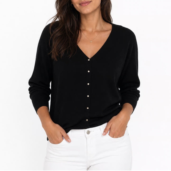 Womens Black V-Neck Button Front Cardigan 3/4 Sleeve Silver Dome Buttons