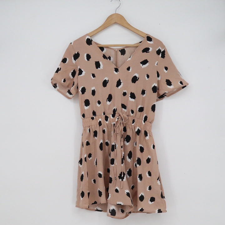 SHEIN Tan Abstract Polka Dot Romper V-Neck Short Sleeve Drawstring Waist Small