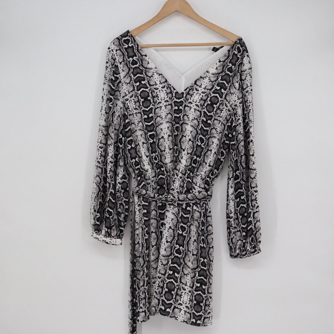 Express Snakeskin Print Long Sleeve V-Neck Mini Dress with Tie Waist M