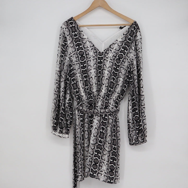 Express Snakeskin Print Long Sleeve V-Neck Mini Dress with Tie Waist M