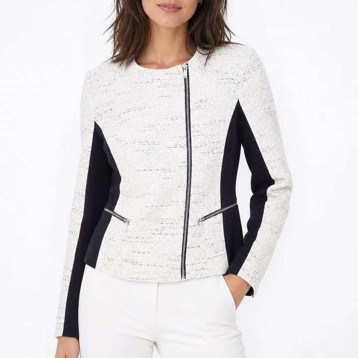 Calvin Klein Womens Black White Tweed Asymmetric Zip Moto Jacket Size 12