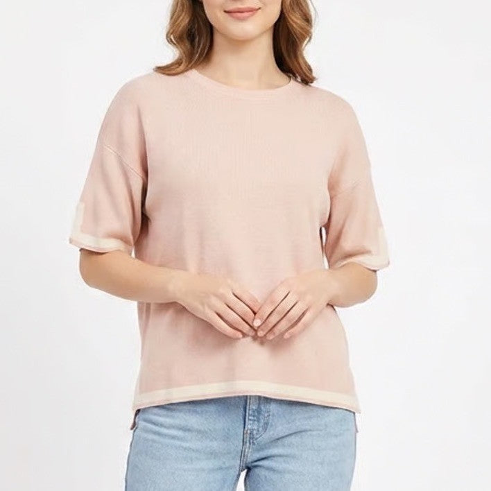 Fashion Peach Short Sleeve Knit Sweater Top Contrast Trim Size M