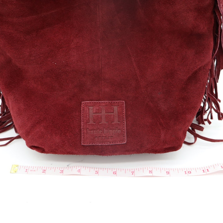 Haute Hippie Fringe Suede Bucket Bag Womens Burgundy Inner Pocket Shoulder Strap