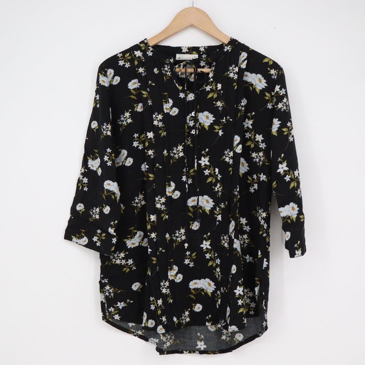 Sanaa For Stop Black Floral Pleated Split Neck 3/4 Sleeve Blouse Large