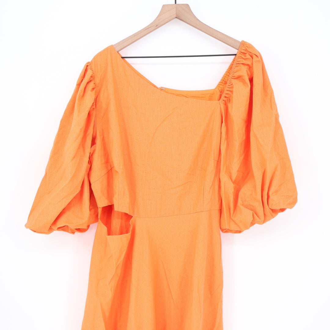 Showpo Rhyne Midi Dress Papaya Orange Asymmetric Puff Sleeve Cut Out US 16 NEW