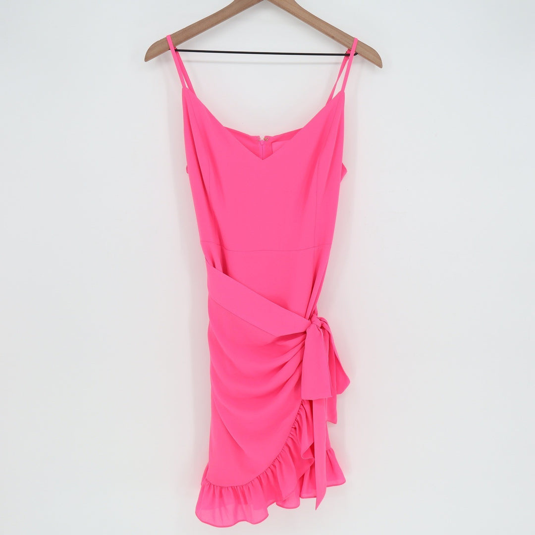 Lilly Pulitzer Neon Pink Faux Wrap Ruffle Mini Dress Size 12 Spaghetti Strap