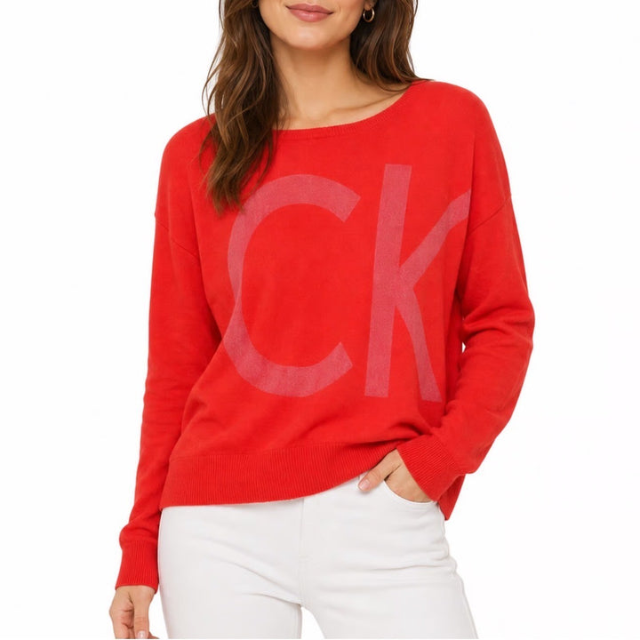 Calvin Klein Jeans Womens XL Red Graphic CK Logo Rayon Knit Pullover Sweater