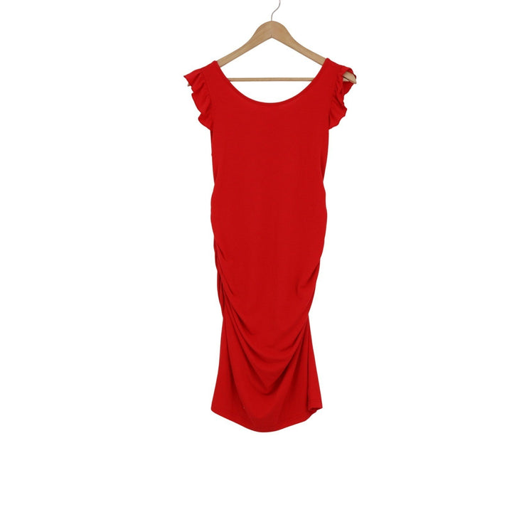 B-home Womens Maternity Bodycon Dress Red Ruffle Cap Sleeve Ruched Size M