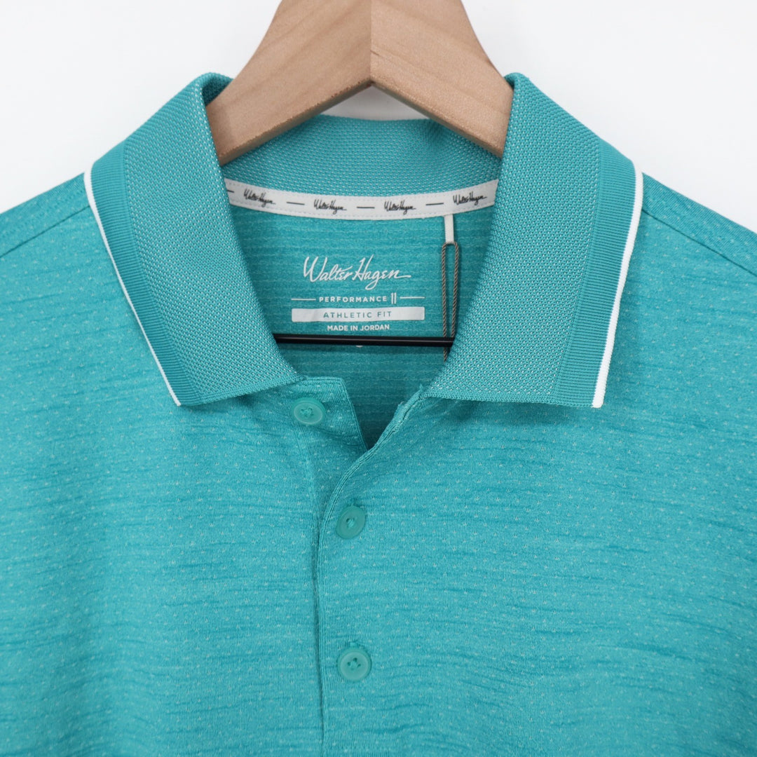 Walter Hagen Mens P11 Birdseye Polo Shirt Aqua Blue Heather Athletic Fit