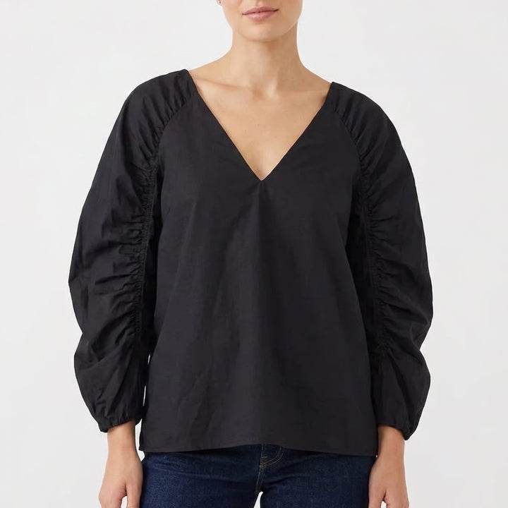 LOFT Blouse Women's L Black Puff Ruched Sleeve Tie Back New