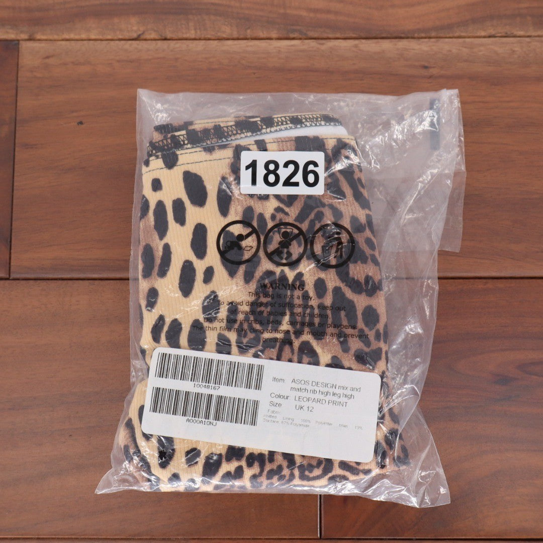ASOS DESIGN Mix Match Rib High Leg High Bikini Bottoms Leopard Print UK 12