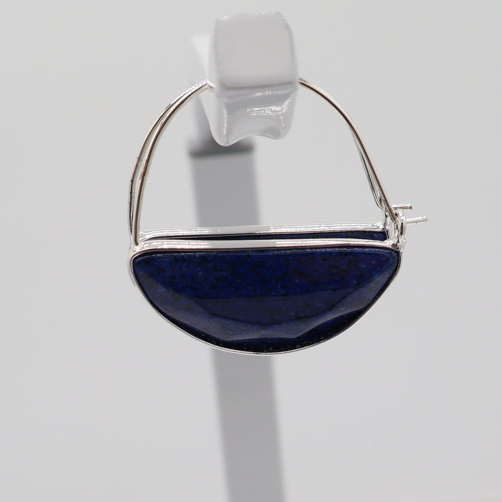 3 Pair Hoop Earring Set Silver Gold Tone Lapis Blue Stone Half Moon Geometric