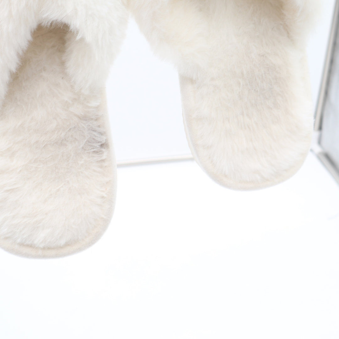 White Faux Fur Cross Strap Slide Slippers Women Size 42/43 House Shoes Cozy
