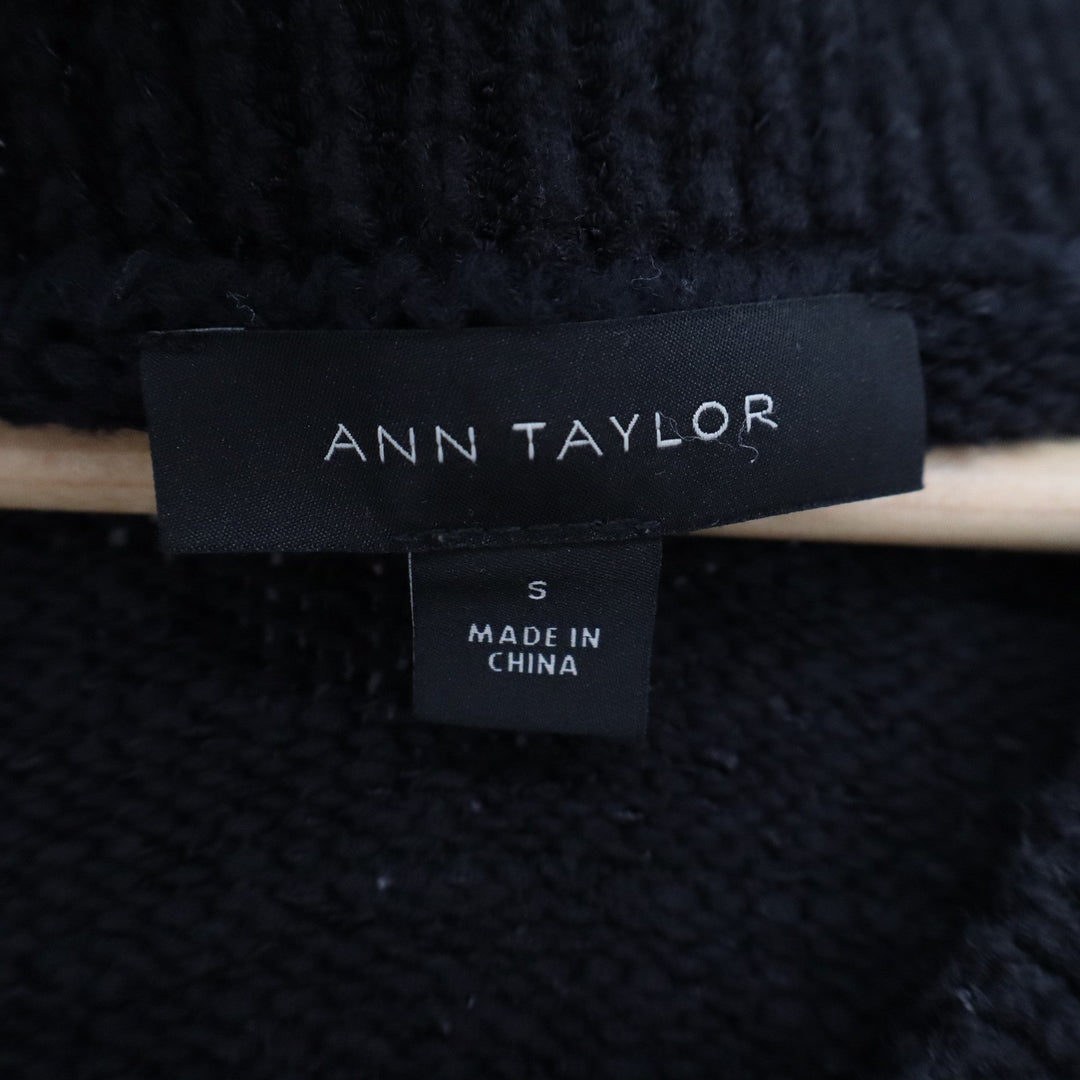 Ann Taylor Black V-Neck Knit Sweater 3/4 Sleeve Ribbed Trim Womens Size S