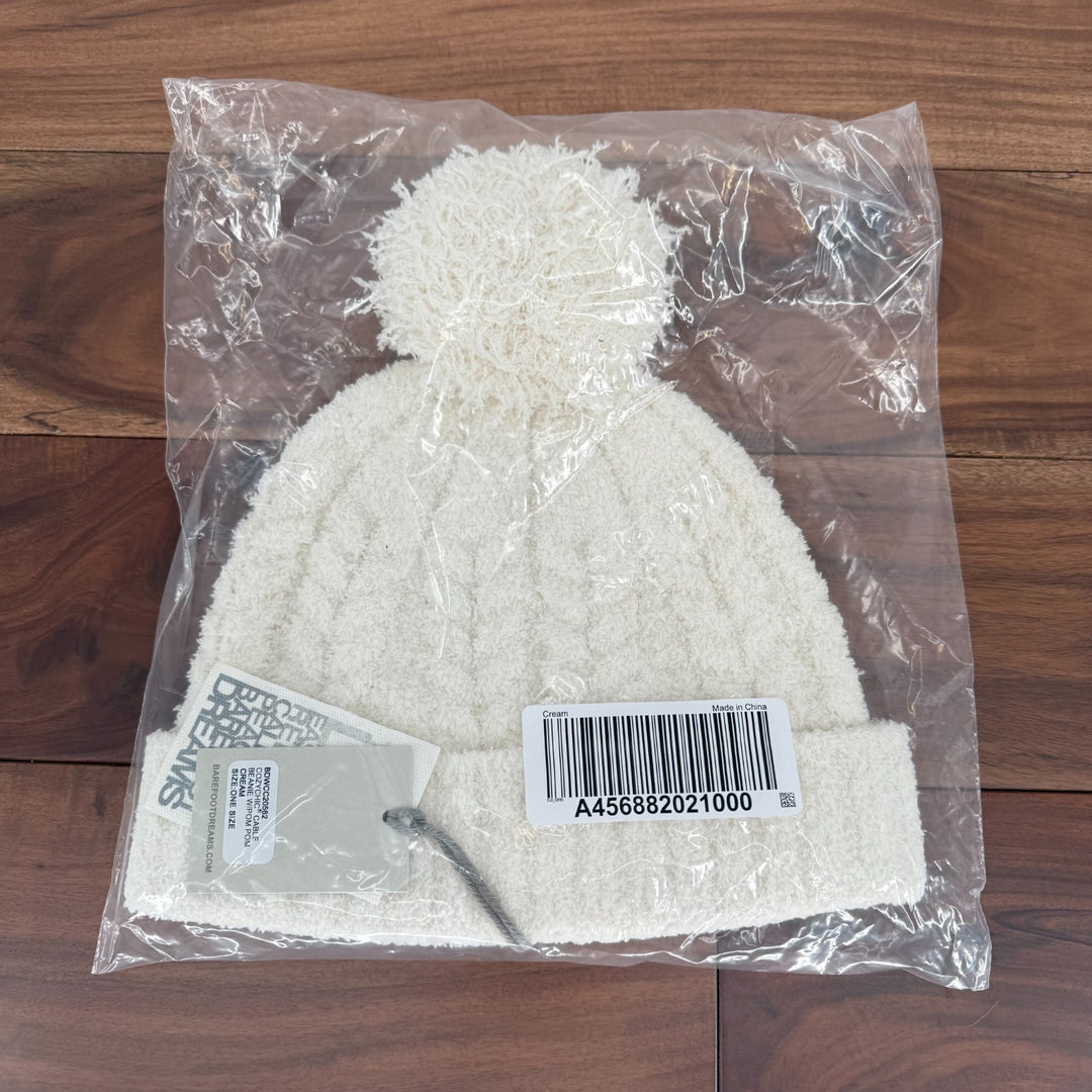 Barefoot Dreams CozyChic Pom Pom Beanie Hat Womens OS Cream Cable Knit Winter