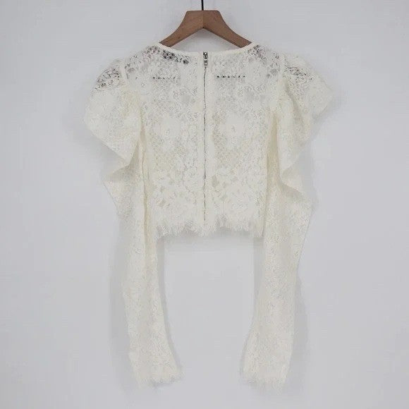 Naked Wardrobe White Floral Lace Puff Sleeve Crop Top Blouse Small