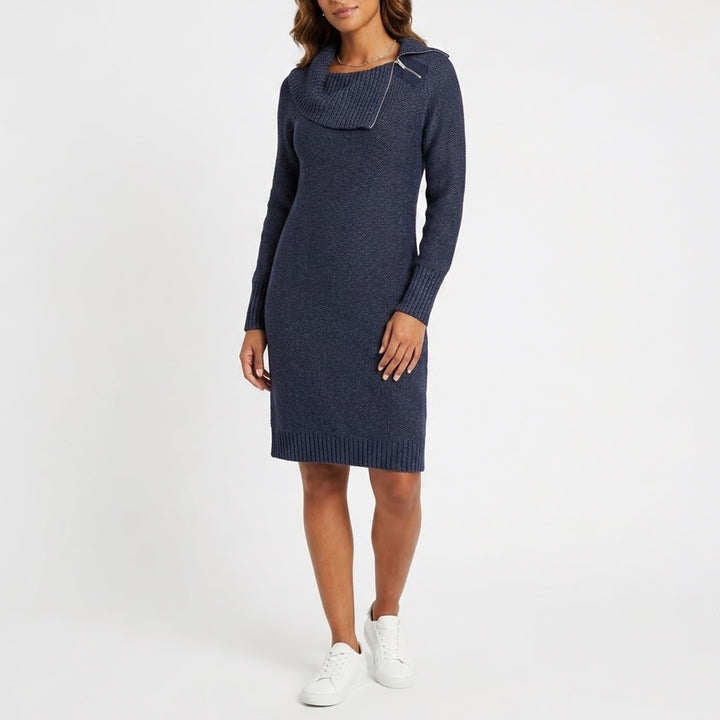 White House Black Market Navy Marled Zip Cowl Neck Knit Sweater Dress Medium
