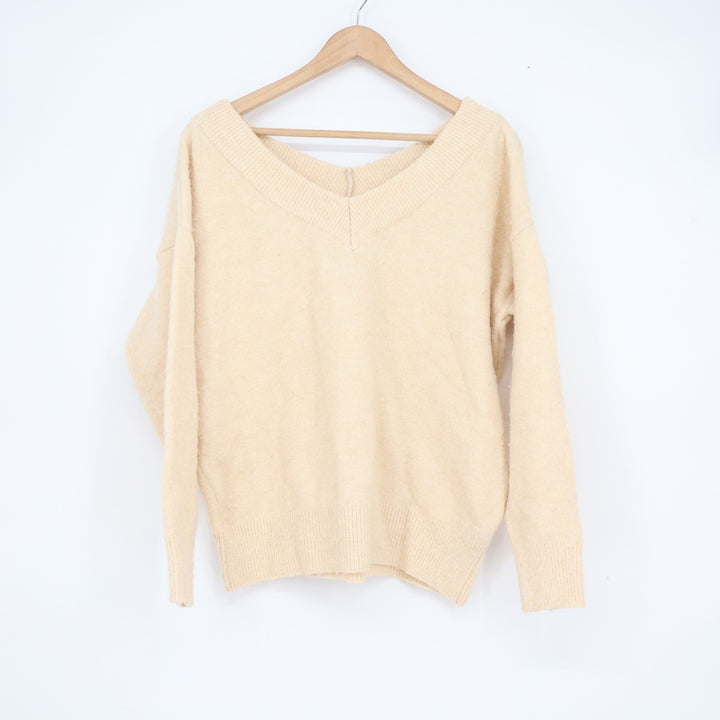 Topshop Womens V-Neck Pullover Sweater Cream Yellow Size 8-10 M Relaxed Knit