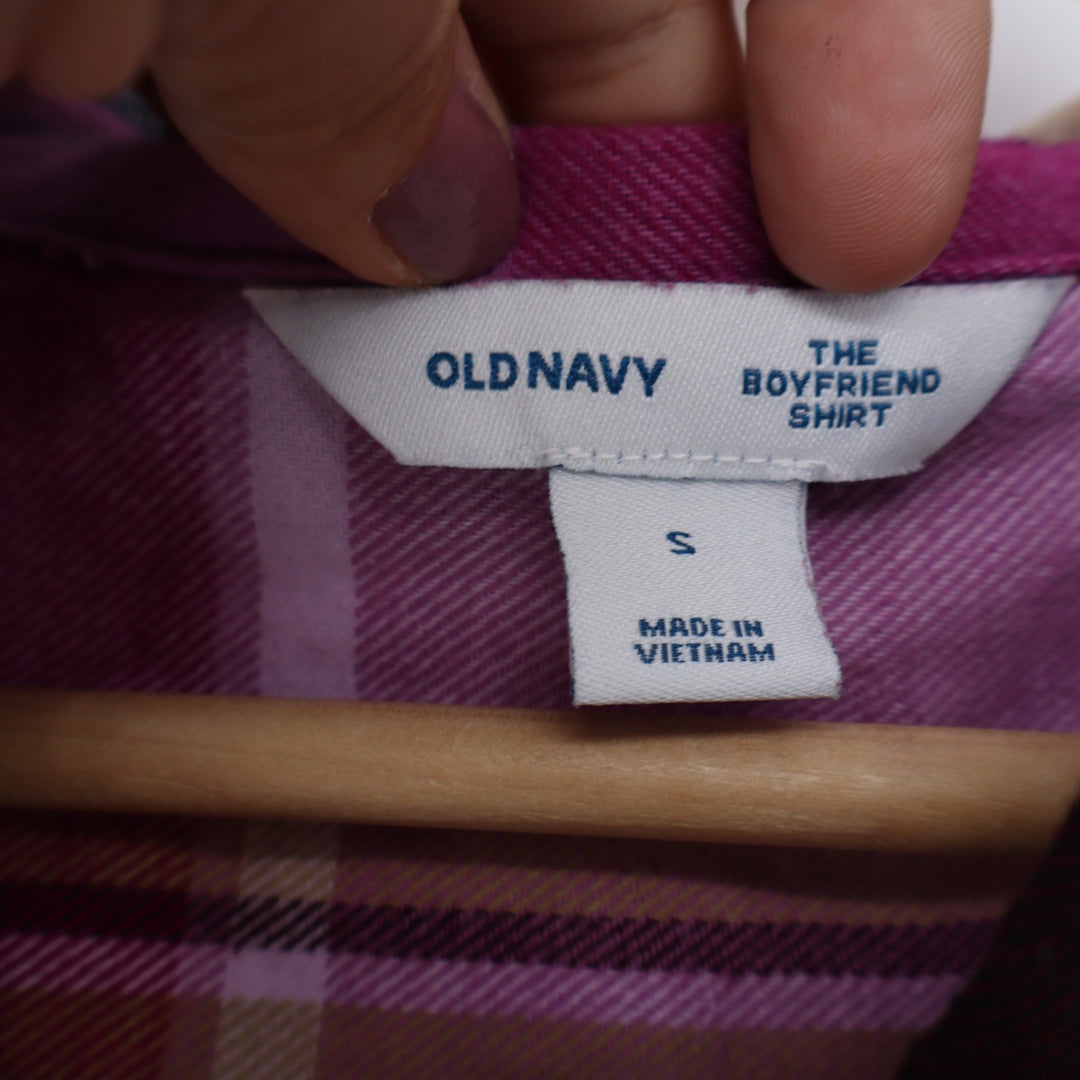 Old Navy The Boyfriend Shirt Womens Small Pink Purple Plaid Cotton Button Down