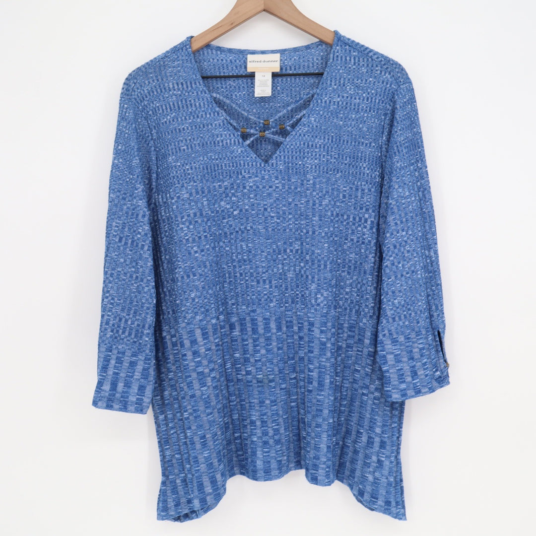 Alfred Dunner Top Womens 1X Space Dye Blue Lattice V-Neck 3/4 Sleeve Excellent