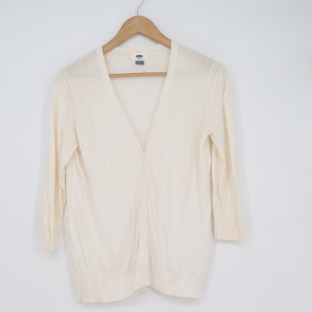 Old Navy Womens Cream Cotton Blend V-Neck 3/4 Sleeve Button Cardigan Size M