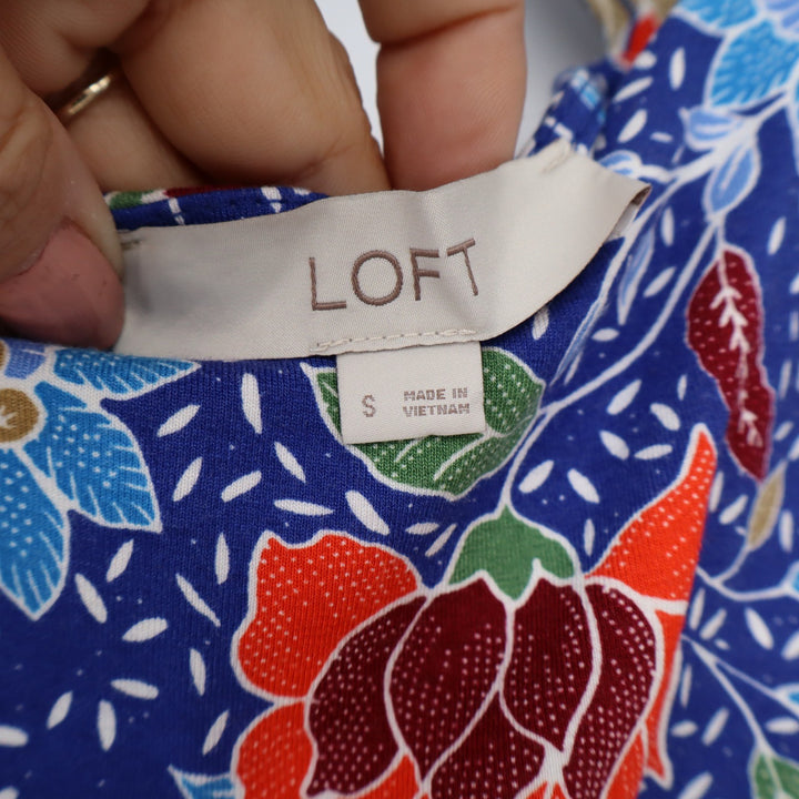 Loft Blue Floral Batik Sleeveless Shift Dress Back Cutout Mini Womens Size S