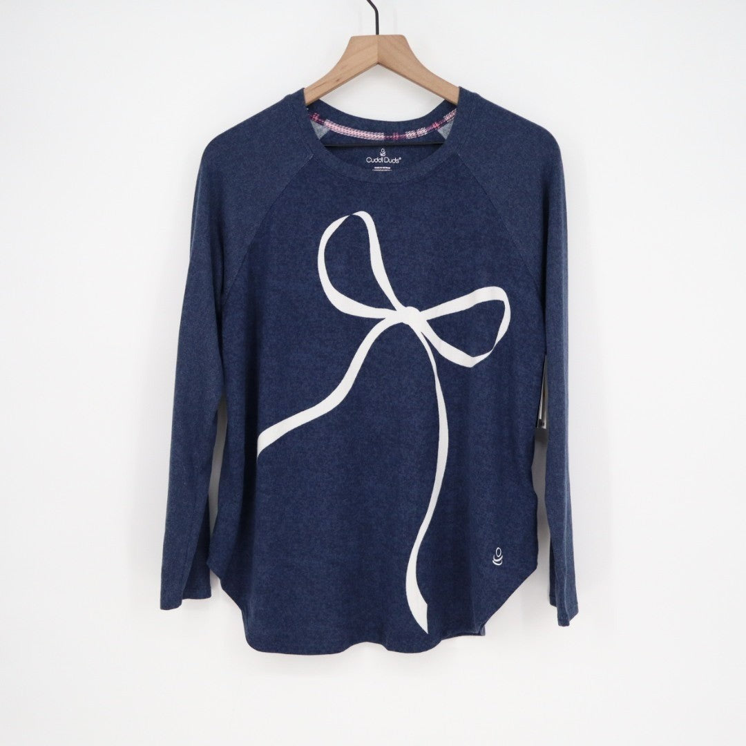 Cuddl Duds Pajama Top Womens Medium Blue Bow Print Stretch Long Sleeve Crew Neck