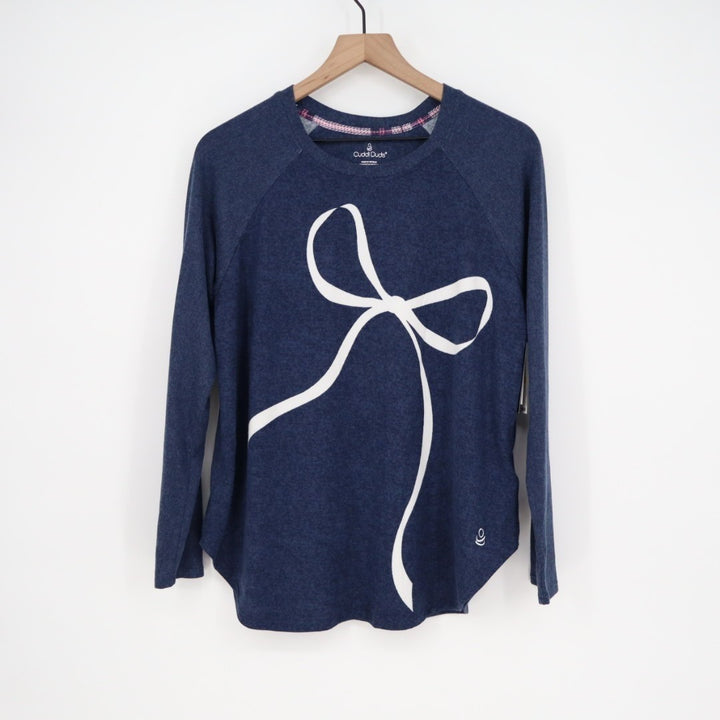 Cuddl Duds Pajama Top Womens Medium Blue Bow Print Stretch Long Sleeve Crew Neck