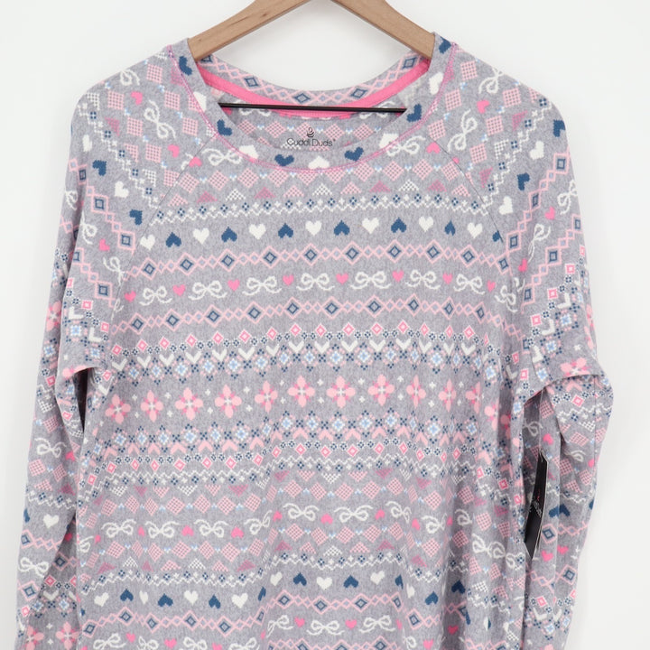 Cuddl Duds Pajama Top Womens Large Gray Printed Stretch Long Sleeve Crew Neck