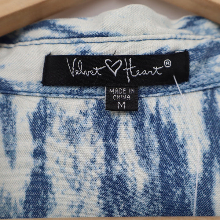 Velvet Heart Blue White Ikat Tencel Shirt Dress Roll Tab Sleeve Pockets