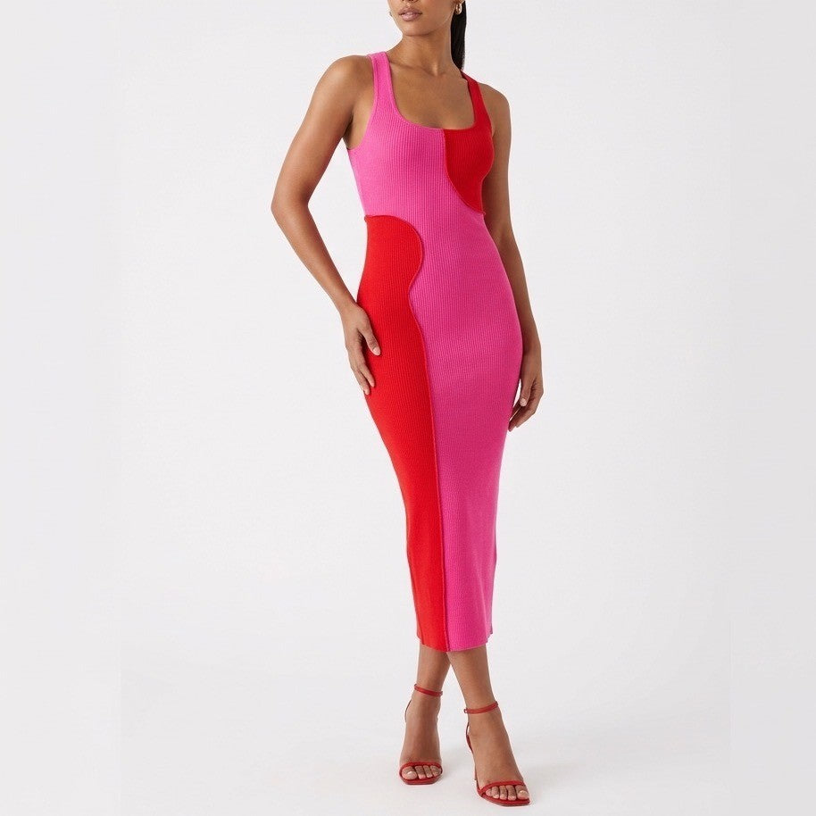 Naked Wardrobe Pink Red Colorblock Ribbed Midi Dress Racerback NW-D2400 Large